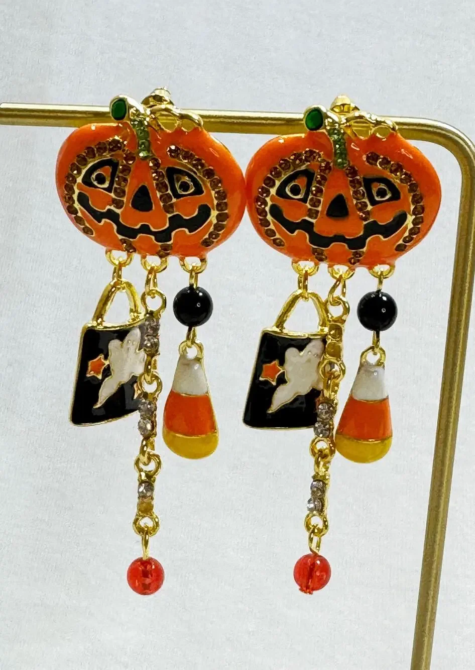 Halloween Jack O' Lantern Pumpkin Candy Corn Dangle Post Earrings 2.5